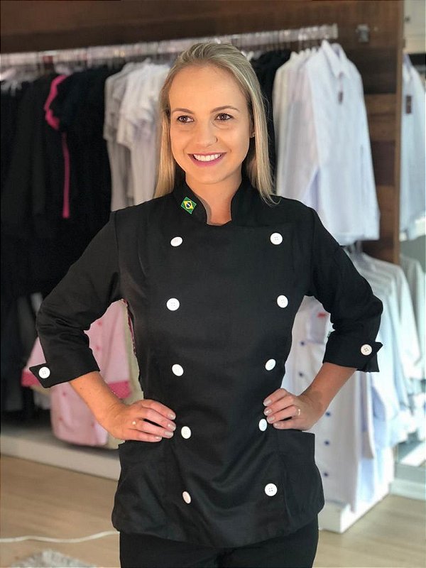 Camisa Feminina Chefe Cozinha - Dolman Stilus - Gabardine Italiano Cor- Preta Com Botões Brancos - Uniblu - Personalizado