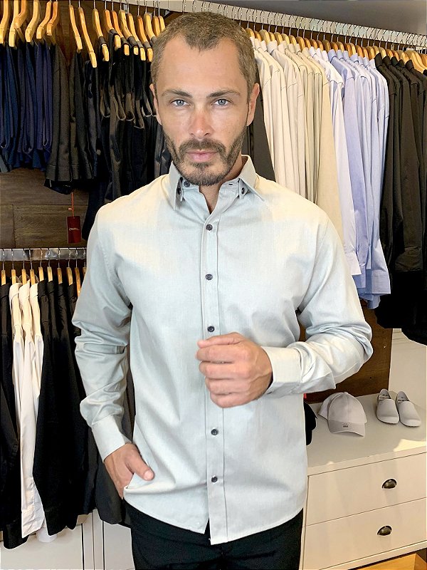 Camisa Social Masculina -  Confort Plus Cinza - Uniblu - Personalizado