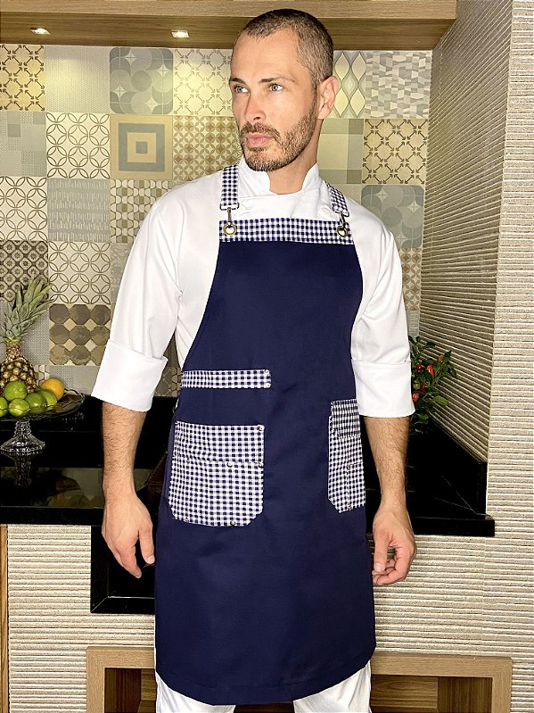 Avental Vintage Marinho Detalhe Xadrez - Uniblu - Personalizado