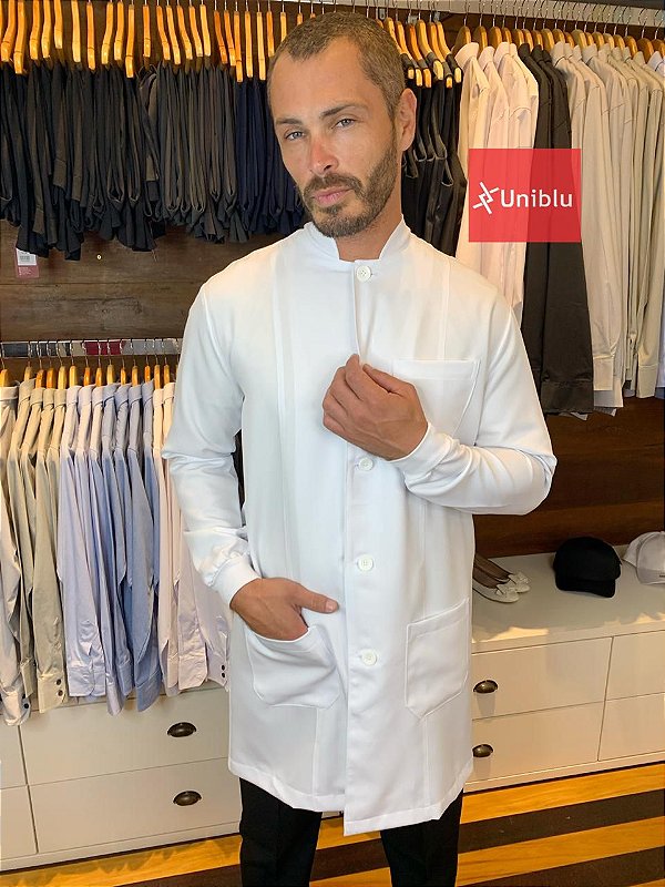 Jaleco Masculino Mônaco - Gola Padre -  Microfibra Italiana Branca - Uniblu