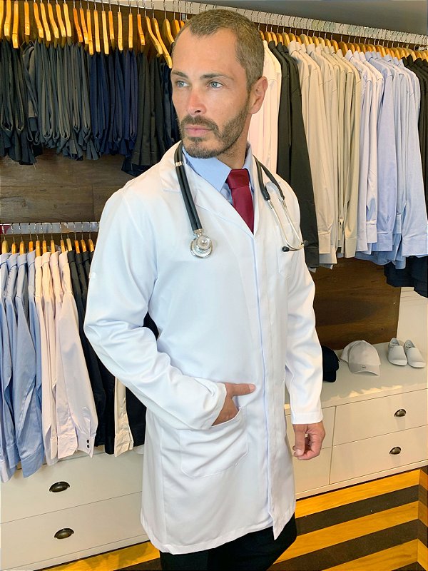 Jaleco Masculino Itália - Gola Tradicional -  Microfibra Italiana Branca - Uniblu