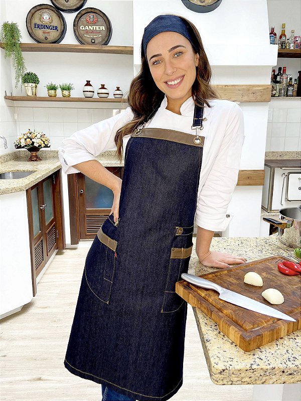 Avental Texas Jeans - Detalhes em Courino Marrom - UNIBLU - Personalizado