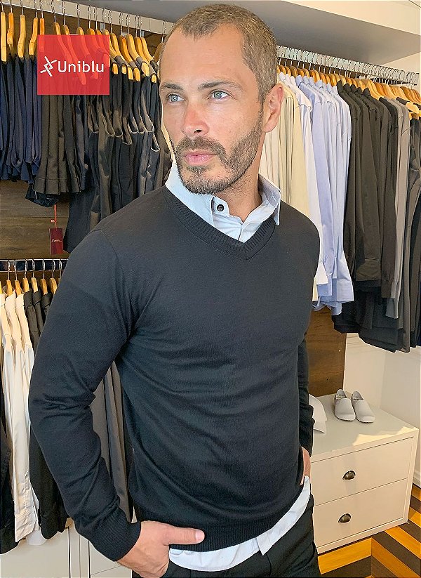 Suéter Masculino Decote V - Preto - Uniblu
