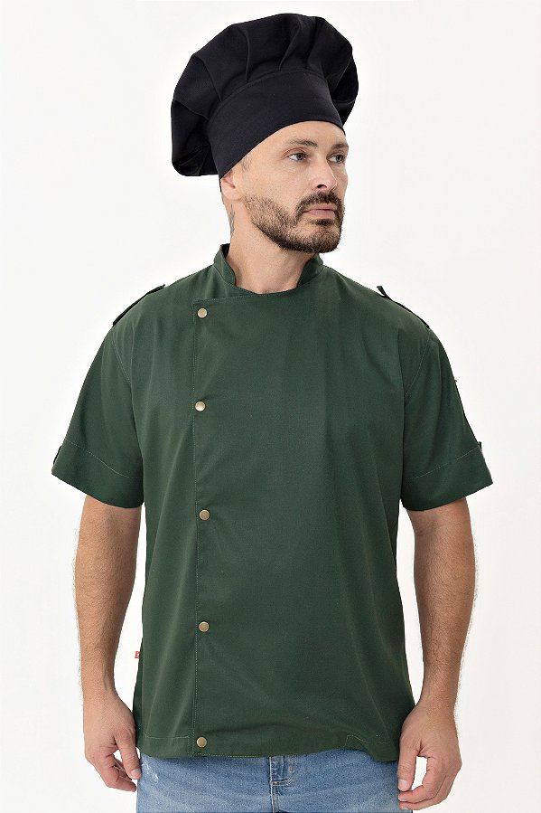 Camisa Masculina Chefe Cozinha - Dolman Farda Manga Curta - Verde Musgo - Uniblu - Personalizado