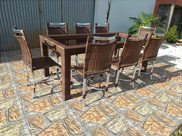 Conjunto de mesa de jantar com 8 cadeiras em fibra sintética