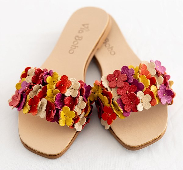 SANDALIA RASTEIRA COURO SLIDE FLORZINHAS