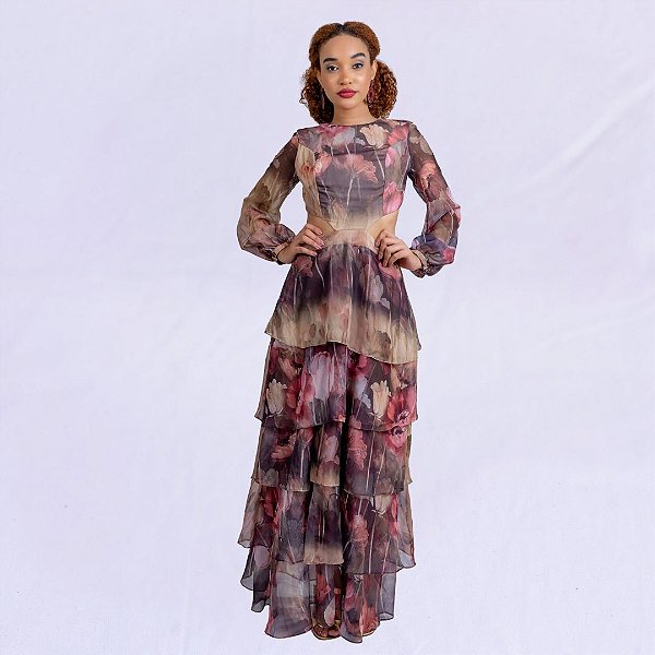 VESTIDO LONGO BABADOS MANGA CLARA