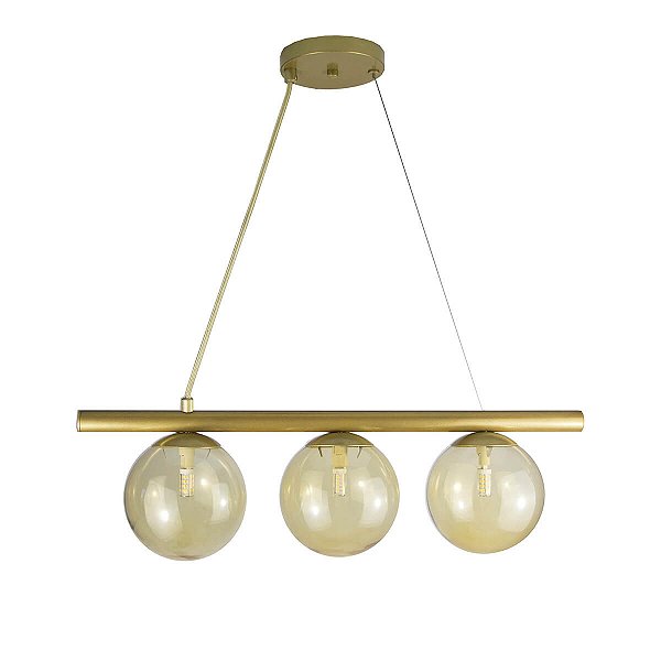 Lustre Pendente Figo OURO - 3 Globos Esfera de Vidro Âmbar