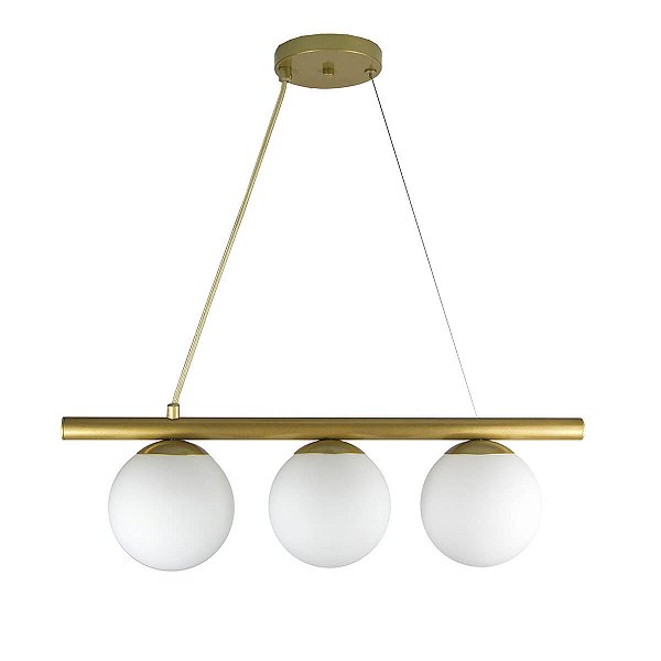 Lustre Pendente Figo OURO - 3 Globos Esfera de Vidro Branco