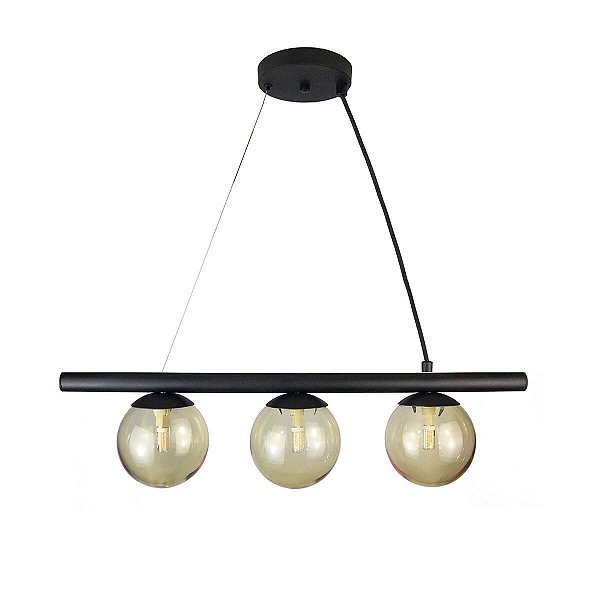 Lustre Pendente Figo PRETO - 3 Globos Esfera de Vidro Âmbar