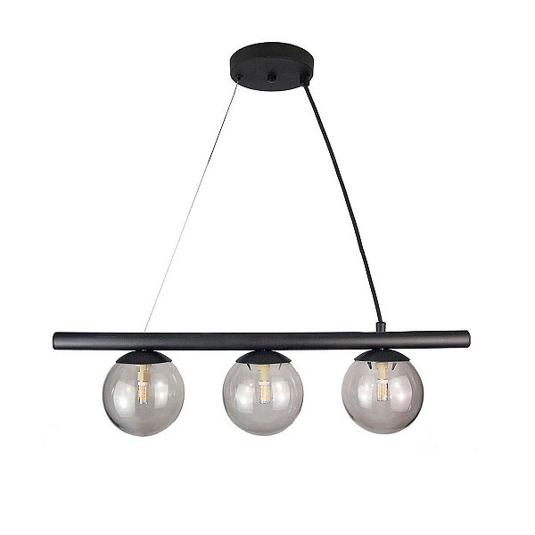 Lustre Pendente Figo PRETO - 3 Globos Esfera de Vidro Fumê