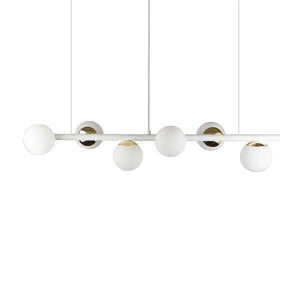 Lustre Pendente Figo BRANCO / DOURADO - 6 Globos Esfera de Vidro Branco