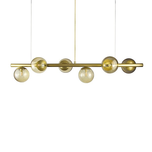 Lustre Pendente Figo OURO - 6 Globos Esfera de Vidro Âmbar