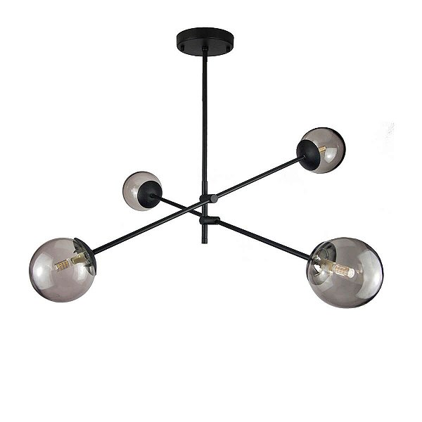 Lustre Lirio Preto com 4 Globos Esfera de Vidro Fume PRETO