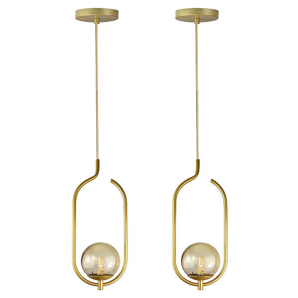 Kit 2 Pendentes Lustres On Clip DOURADO globo de vidro ÂMBAR