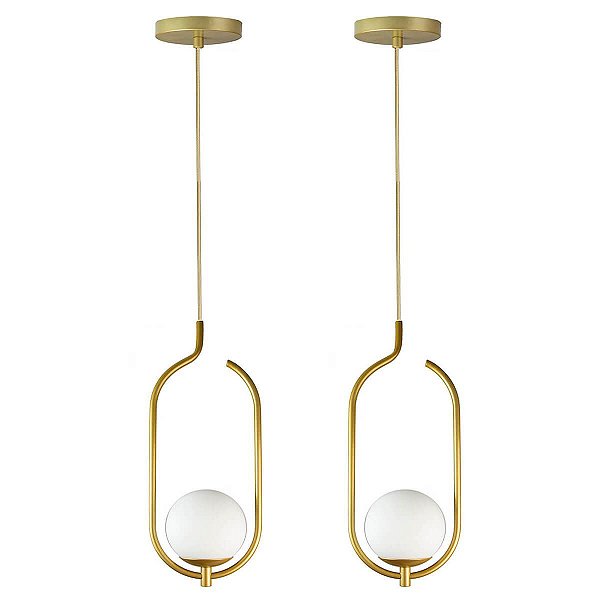 Kit 2 Pendentes Lustres On Clip DOURADO globo de vidro BRANCO