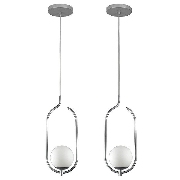Kit 2 Pendentes Lustres On Clip PRATA globo de vidro BRANCO