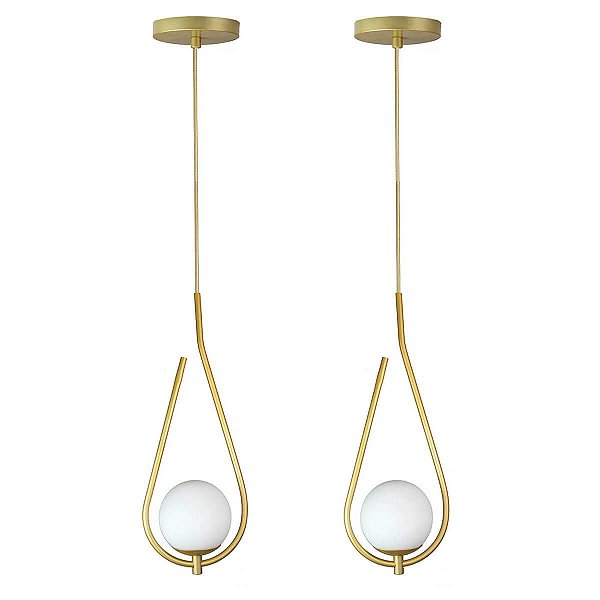 Kit 2 Pendentes Lustres On Drop DOURADO globo de vidro BRANCO