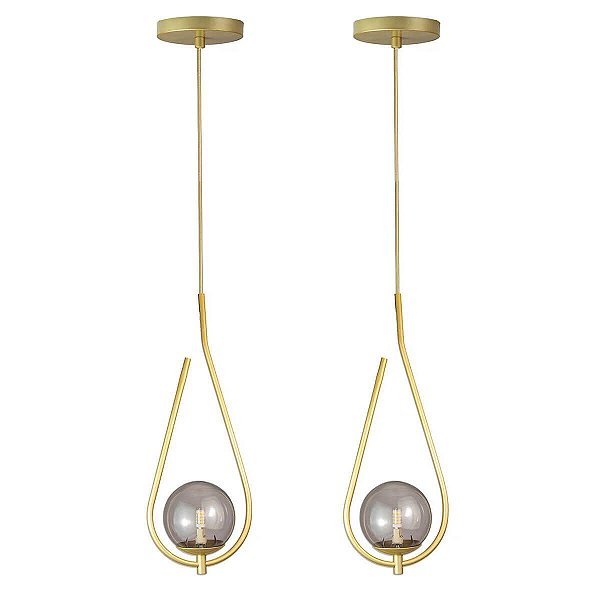 Kit 2 Pendentes Lustres On Drop DOURADO globo de vidro FUME