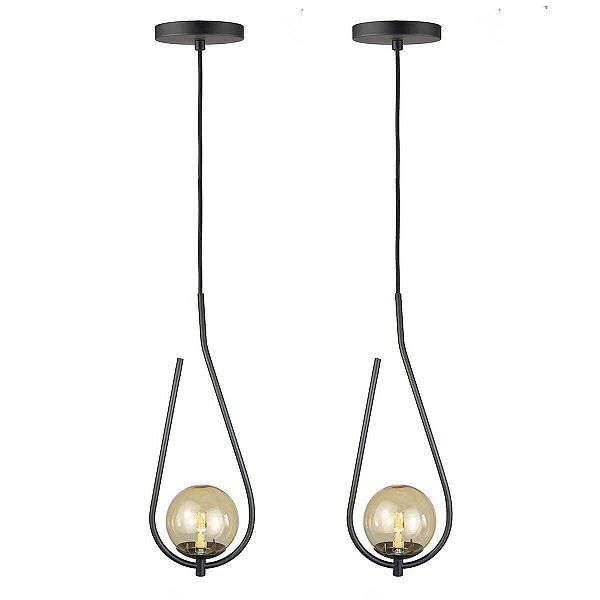 Kit 2 Pendentes Lustres On Drop PRETO globo de vidro AMBAR