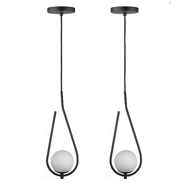 Kit 2 Pendentes Lustres On Drop PRETO globo de vidro BRANCO