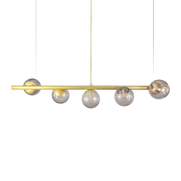 Lustre Pendente Figo OURO - 5 Globos Esfera de Vidro Fumê