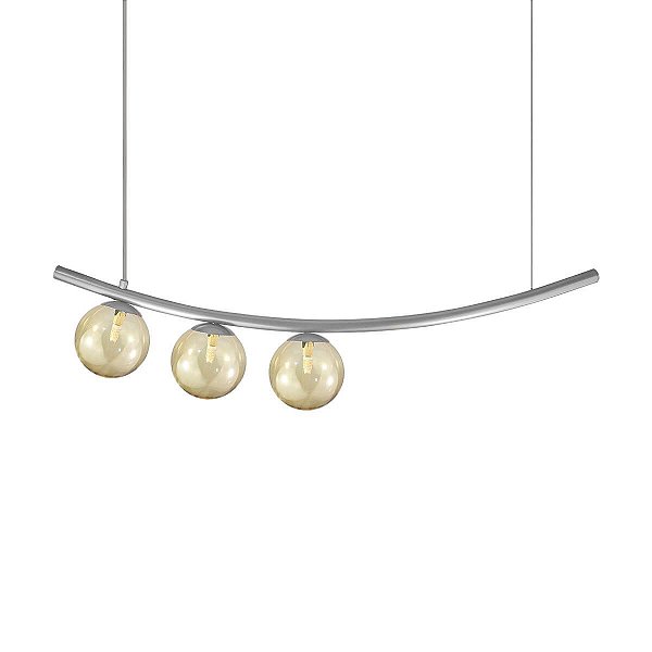 Lustre Pendente Katana PRATA 3 Globos Esfera Vidro Âmbar