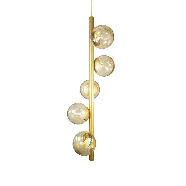 Lustre Vertical Figo OURO - 5  Globos Esfera de Vidro Âmbar