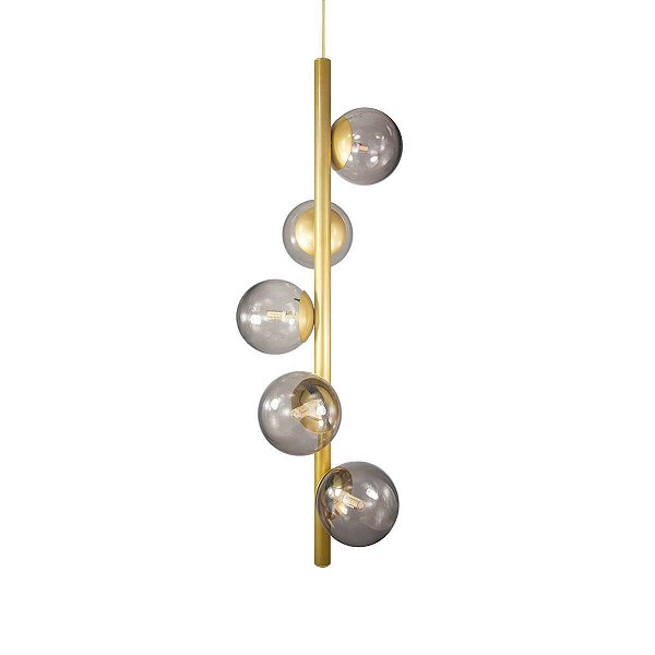 Lustre Vertical Figo OURO - 5  Globos Esfera de Vidro Fumê