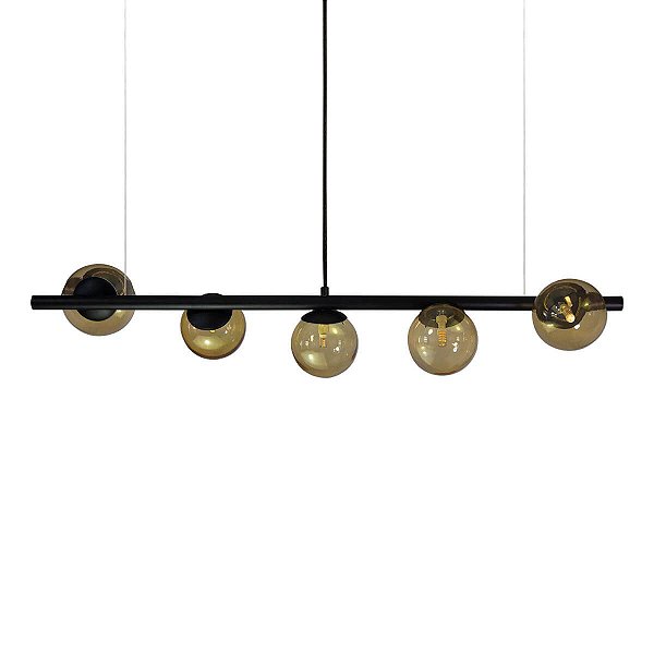 Lustre Pendente Figo PRETO - 5 Globos Esfera de Vidro Âmbar