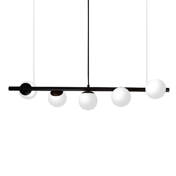 Lustre Pendente Figo PRETO - 5 Globos Esfera de Vidro Branco