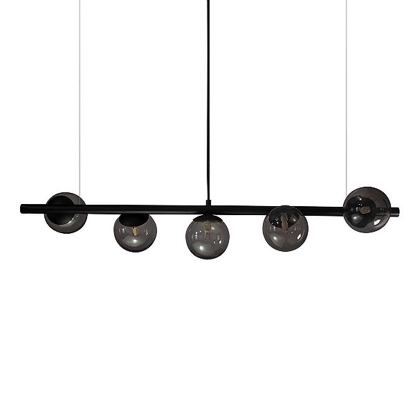 Lustre Pendente Figo PRETO - 5 Globos Esfera de Vidro Fumê