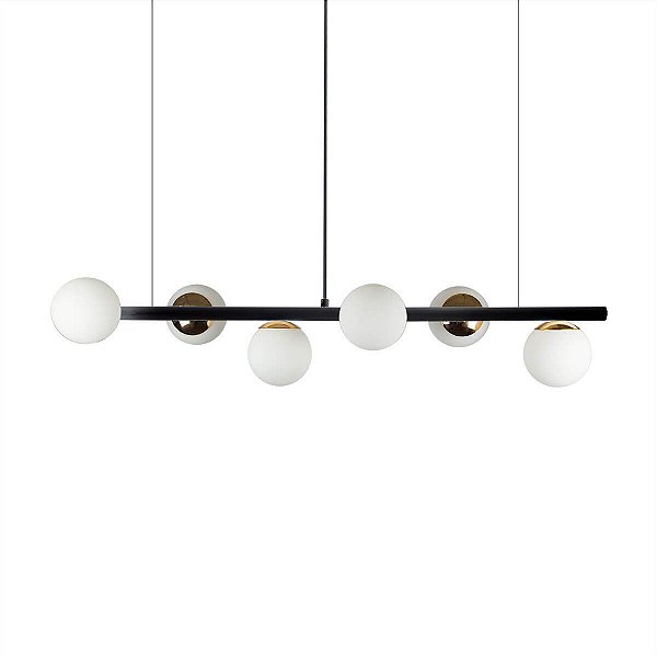 Lustre Pendente Figo com 6 Globos Esfera de Vidro - Preto/Dourado