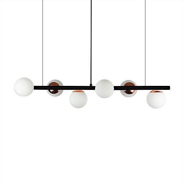 Lustre Pendente Figo PRETO COBRE - 6 Globos Esfera de Vidro Branco