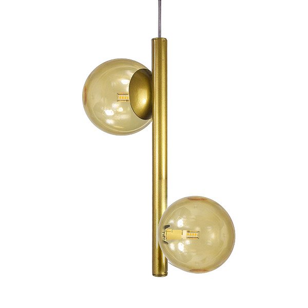 Lustre Pendente Figo OURO - 2 Globos Esfera de Vidro Âmbar