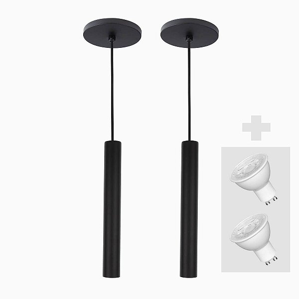 Kit 2 Pendente Tubo Palito 30cm - Preto + Lampada LED 4W