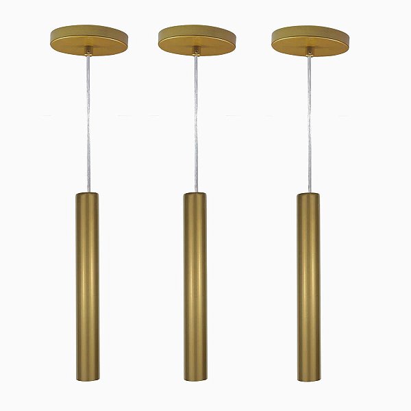 Kit 3 Pendente Tubo Palito Moderno 30cm - Ouro