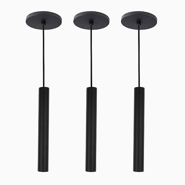 Kit 3 Pendente Tubo Palito Moderno 30cm - Preto