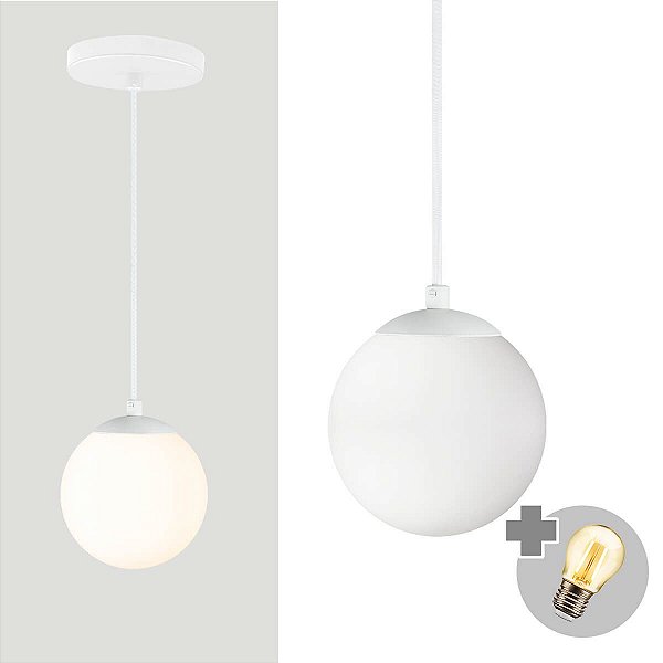 Pendente BRANCO C/ Globo de Vidro BRANCO de 14cm + LED 2W