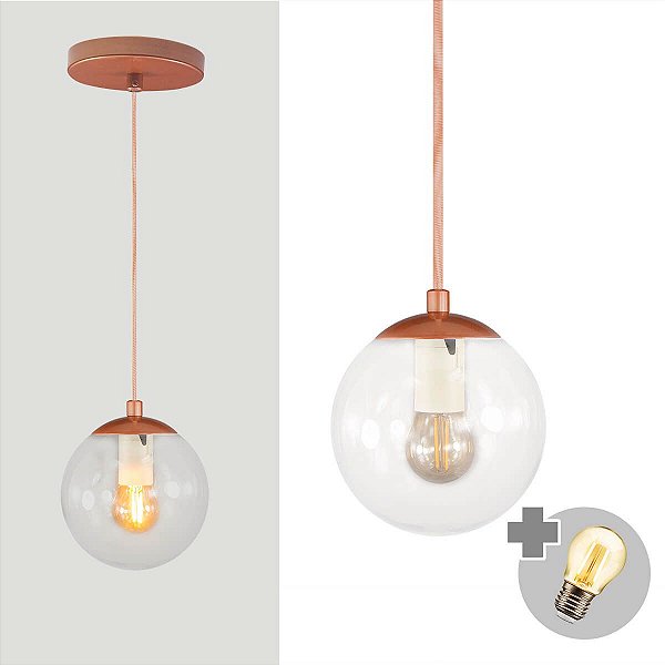 Pendente BRONZE C/ Globo de Vidro CRISTAL de 14cm + LED 2W