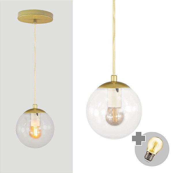 Pendente OURO C/ Globo de Vidro CRISTAL de 14cm + LED 2W