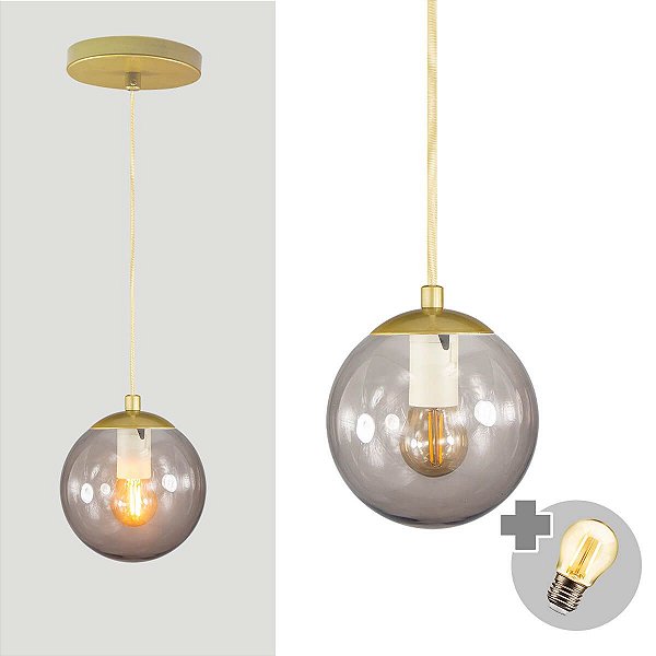 Pendente OURO C/ Globo de Vidro FUME de 14cm + LED 2W