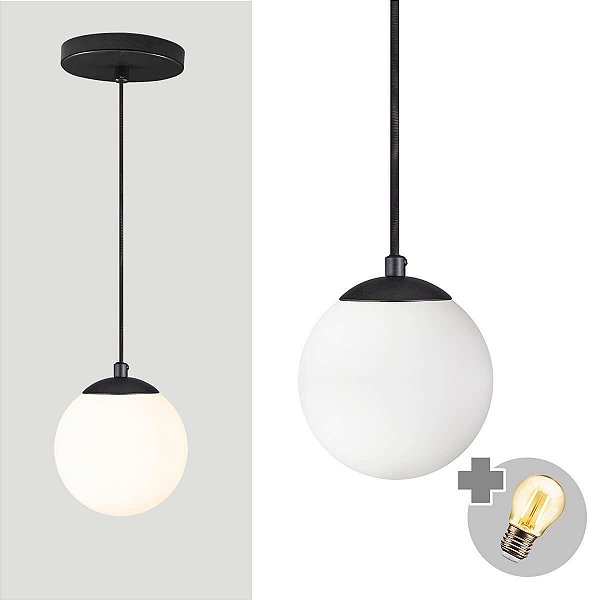 Pendente PRETO C/ Globo de Vidro BRANCO de 14cm + LED 2W