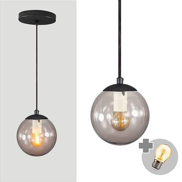Pendente PRETO C/ Globo de Vidro FUMÊ de 14cm + LED 2W