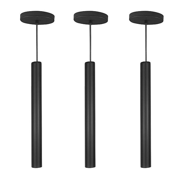 Kit 3 Pendente Tubo Palito Moderno 45cm - Preto