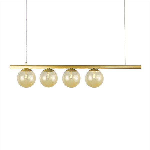 Lustre Pendente Figo OURO - 4 Globos Esfera de Vidro Âmbar