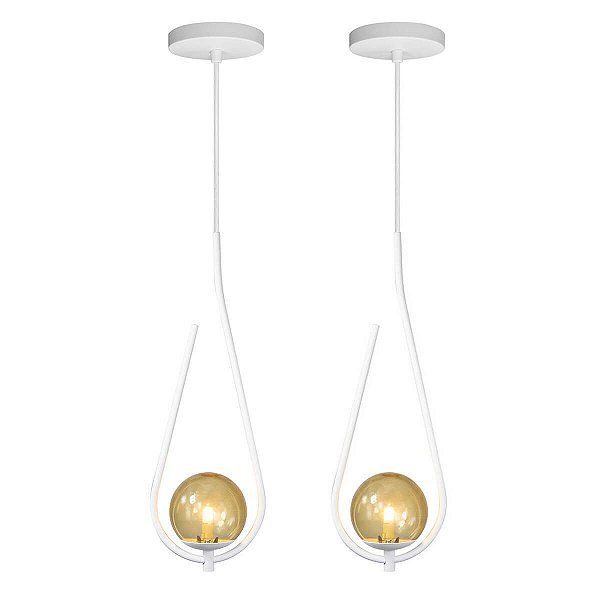 Kit 2 Pendentes Lustre On Drop BRANCO globo de vidro ÂMBAR