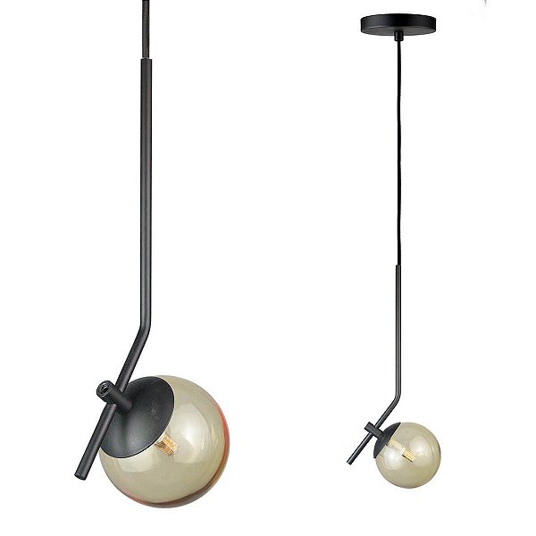 Kit 2 Pendentes On Ly PRETO com globo esfera de vidro Âmbar