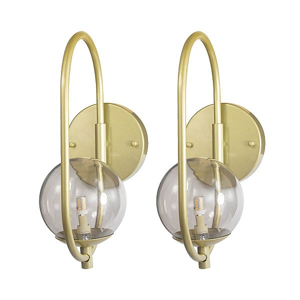 Kit 2 Arandela ONLINE  DOURADO Globo Vidro FUME + LED 5W