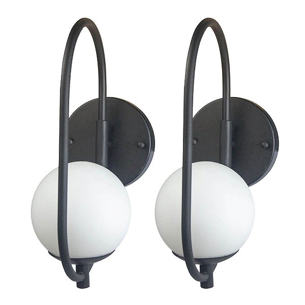 Kit 2 Arandela Parede ONLINE  PRETO Globo de Vidro BRANCO